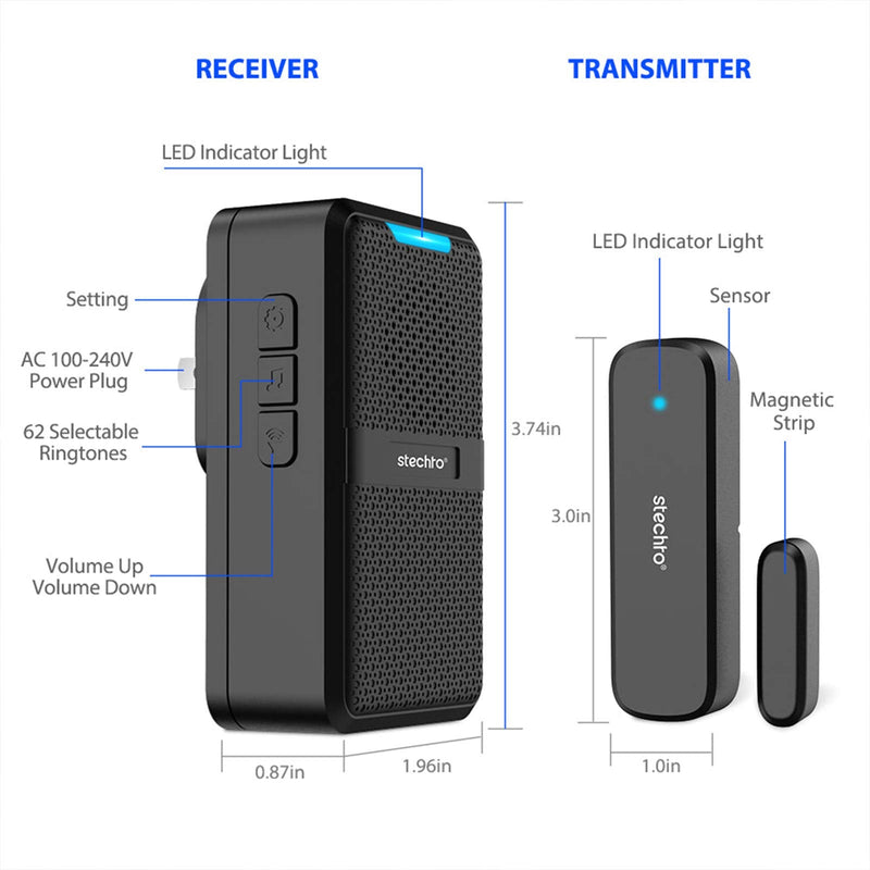 Wireless Door Chime,600Ft Range 5 Adjustable Volume 1 Magnetic Door open Contact Sensor with 62 Chimes Mute Mode Door Bell Plugin Receiver for Home/Office/Store STECHRO (Black) Black - NewNest Australia