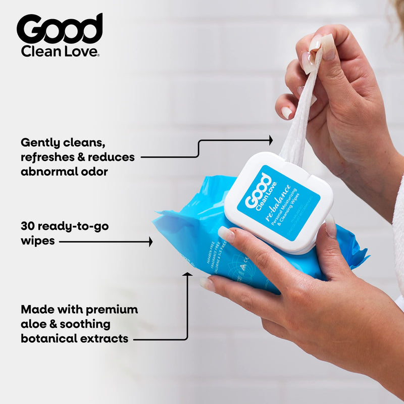 Good Clean Love Rebalance Personal Moisturizing & Cleansing Wipes, Naturally Reduces Odor & Supports Vaginal Health, pH-Balanced Feminine Hygiene Product, 30 Wipes - NewNest Australia