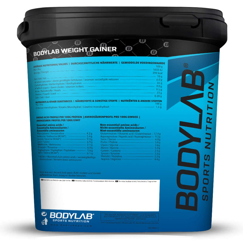 Bodylab24 Weight Gainer Banana 5kg, the ideal shake for the next mass phase, with carbohydrates, fiber and more than 20% protein per serving, enriched with creatine - NewNest Australia