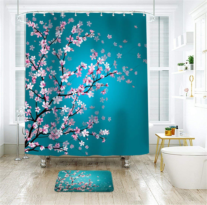 LIVILAN Cherry Blossom Shower Curtain, Floral Teal Fabric Sakura Plum Blossom Bath Curtains with 12 Hooks Bathroom Decor 72" X 72", Turquoise 72" X 72" - NewNest Australia