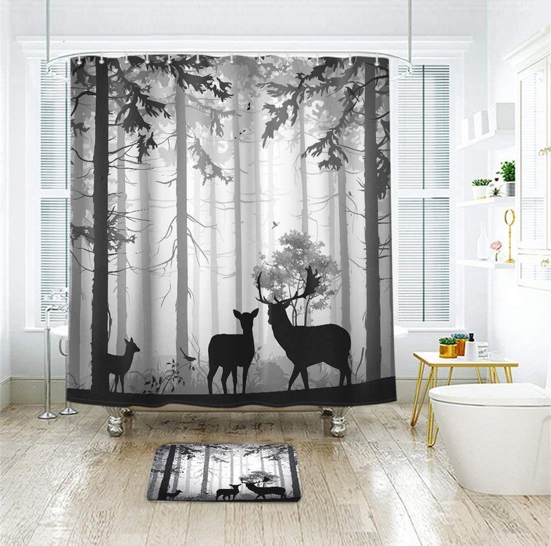 LIGHTINHOME Deer Elk Shower Curtain 60Wx72L Inch Country Moose Silhouette of Pine Forest Birds Black and White Fabric Waterproof Bathroom Home Decor 12 Plastic Hooks - NewNest Australia