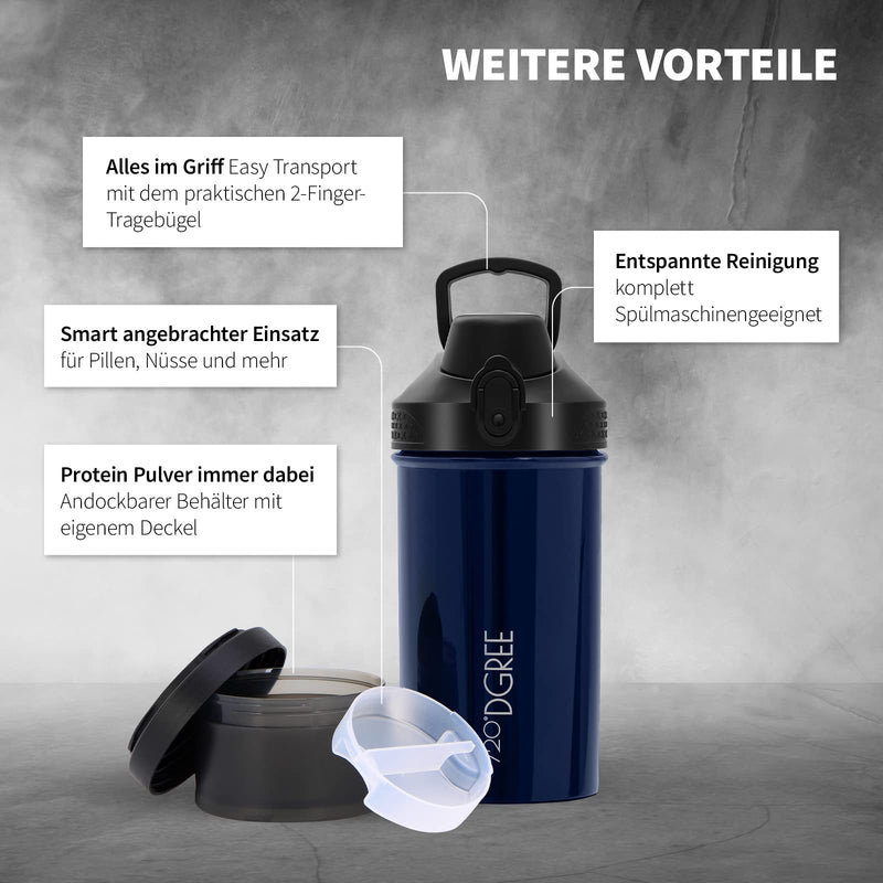 720°DGREE Protein Shaker “uberShaker” - 550ml - Premium protein shaker with powder compartment - Leak-proof, BPA-free - Shaking cup, mixing cup for creamy protein shakes, gym, workout, nutrition Sapphire Blue - Blue incl. container - NewNest Australia