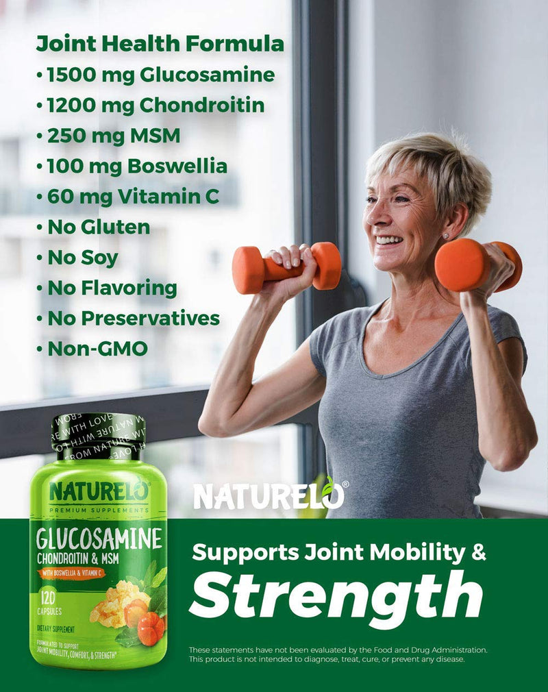 NATURELO Glucosamine Chondroitin MSM with Boswellia and Vitamin C - Supplement for Joint Comfort, Mobility, and Strength - 120 Capsules - NewNest Australia