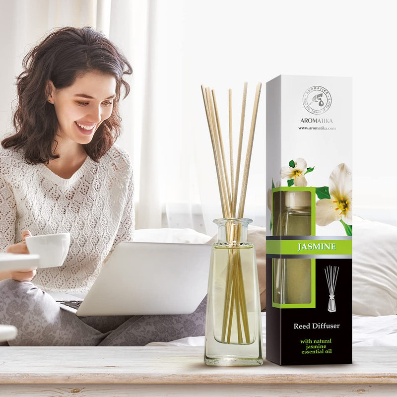 Jasmine Reed diffuser w/ Natural Essential Jasmine Oil 100ml - Fresh & Long Lasting Fragrance - Scented Reed Diffuser - 0% Alcohol - Gift Set w/ 8 bamboo sticks - Best for Aromatherapy - SPA - Home - NewNest Australia