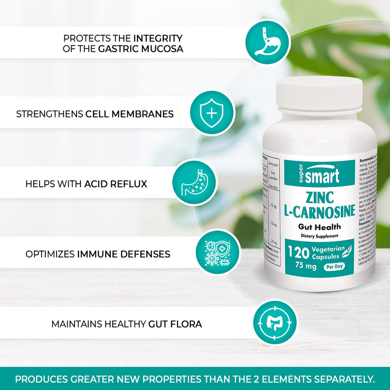 Supersmart - Zinc L-Carnosine 75 mg Per Serving - Gut Health & Anti Inflammatory Supplement - Help Reduce Acid Reflux | Non-GMO & Gluten Free - 90 Vegetarian Capsules - NewNest Australia