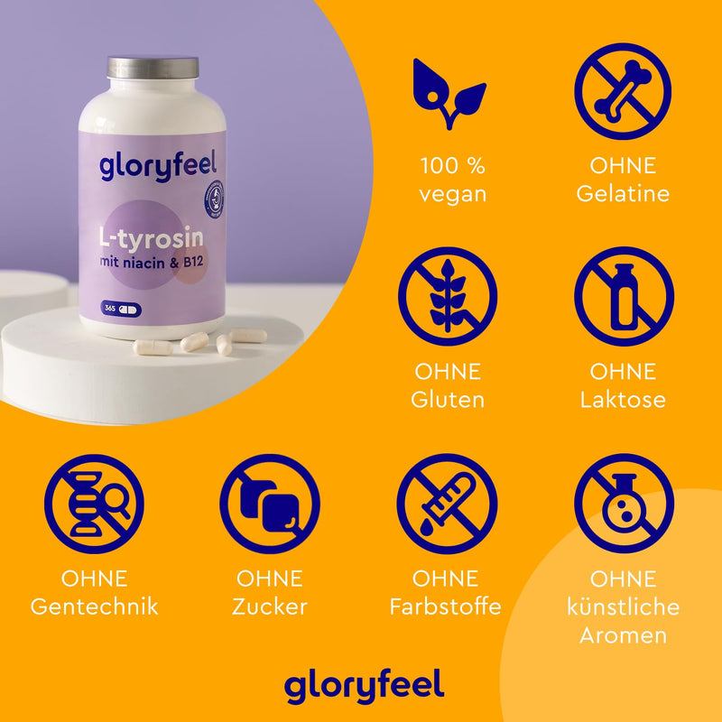 L-Tyrosine high dose - 365 capsules - With 1,000 mg tyrosine per daily dose - Amino acid with vitamin B for nerves, metabolism and psyche * - Supplies for half a year - 100% vegan - NewNest Australia