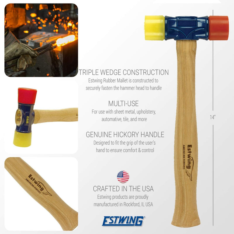 Estwing - DFH-12 Rubber Mallet - 12 oz Double-Face Hammer with Soft/Hard Tips & Hickory Wood Handle - DFH12,Black Red & Yellow - NewNest Australia