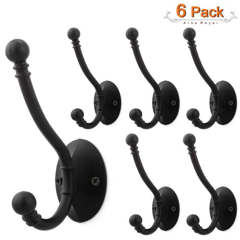 NewNest Australia - Arks Royal 6 PCS 3-3/4 Inch Double Prong Retro Coat and Hat Hook Heavy Duty Metal Wall Hangers with Ball Ends (Screws Included), Flat Black 