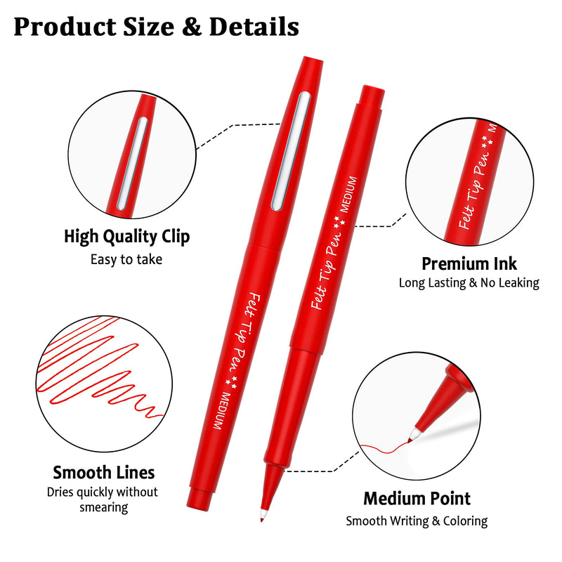 Lelix Felt Tip Pens, 15 Red Pens, 0.7mm Medium Point Felt Pens, Felt Tip Markers Pens for Journaling, Writing, Note Taking, Planner, Perfect for Art Office and School Supplies - NewNest Australia