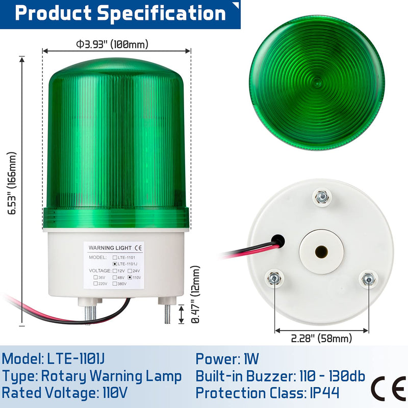 GKEEMARS Industrial Signal Alarm Tower Lamp LTE-1101J AC 110V, LED Rotating Strobe Warning Light with Buzzer for Emergency (Green) Green - NewNest Australia