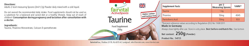 Fairvital Taurine 250 G Powder, Extra High Dose, With Thiamine And Pantothenic Acid, Pure, Without Additives, 100% Vegan, For 4.5 Months, Quality Tested, Made In Germany - NewNest Australia