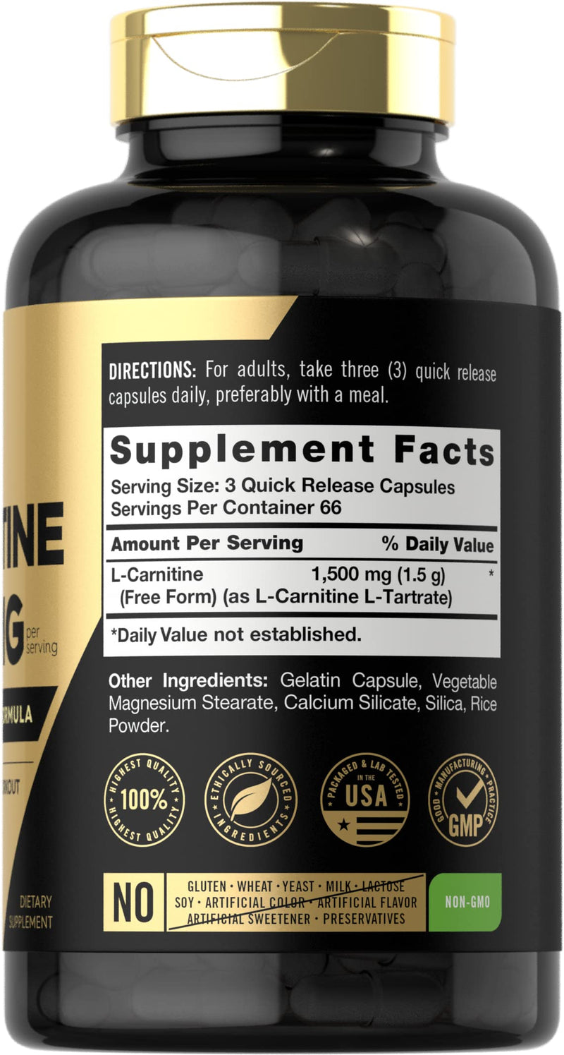 L-Carnitine 1500mg | 200 Capsules | Advanced Athlete Formula | Workout Supplement | Non-GMO, Gluten Free | by Carlyle - NewNest Australia