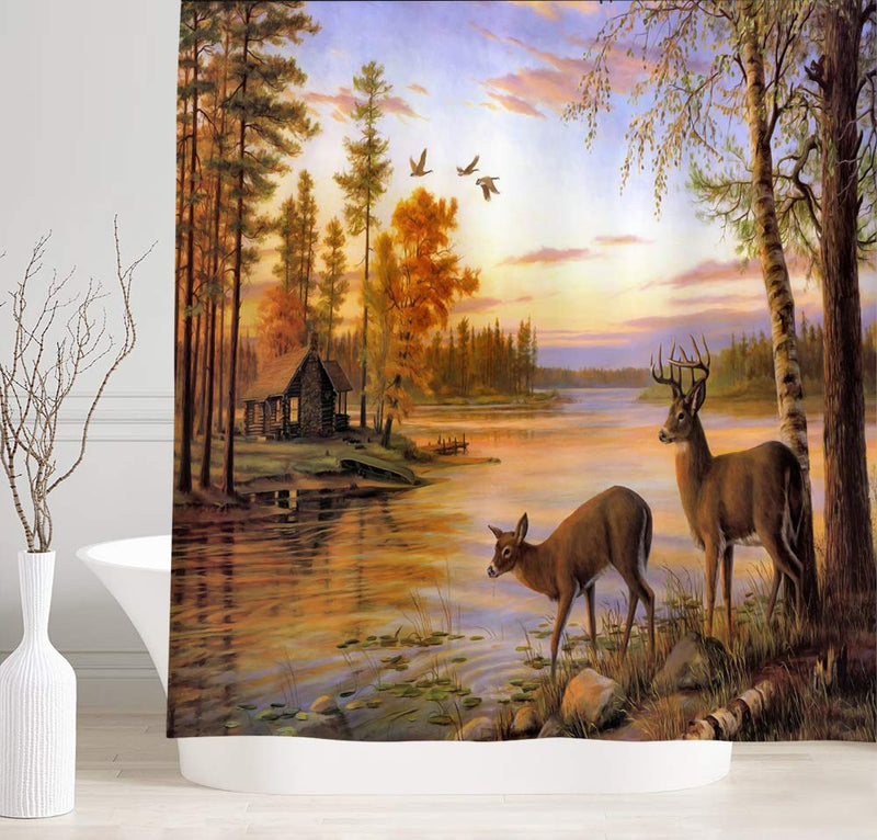 DYNH Elk Shower Curtain Animals Theme, Deer Safair in Stream River at Forest Sunset Shower Curtain, Fabric Bathroom Decor Accessories, Bath Curtains 12 PCS Hooks, 69X70IN 69"X70" - NewNest Australia