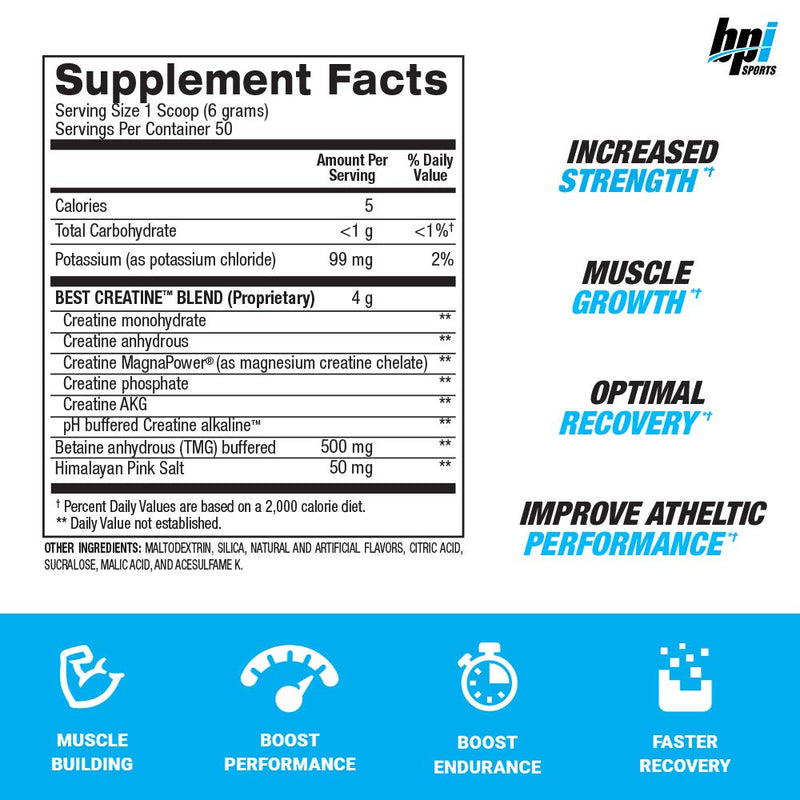 BPI Sports Best Creatine – Creatine Monohydrate, Himalayan Salt – Strength, Pump, Endurance, Muscle Growth, Muscle Definition – No Bloat – Fruit Punch – 50 servings – 10.58 oz. 10.58 Ounce (Pack of 1) - NewNest Australia