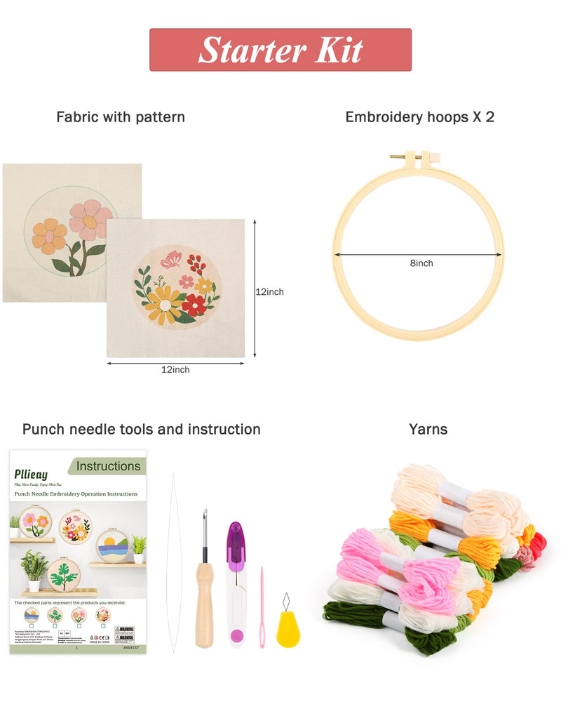 Pllieay 2 Set Punch Needle Embroidery Starter Kits Include Instructions, Punch Needle Fabric with Pattern, Yarns, Embroidery Hoops for Rug-Punch & Pinch Needle Flowers - NewNest Australia
