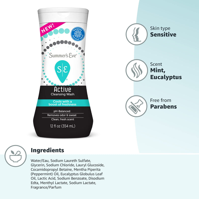 Summer's Eve Active Cooling Feminine Cleansing Wash, mint, eucalyptus, 12 Fl Oz 12 Fl Oz (Pack of 1) - NewNest Australia