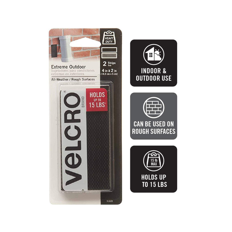 VELCRO Brand Extreme Tape Strips | 4 x 2 Inch 2 Sets | Holds 15 lbs |Heavy Duty Black with Stick on Adhesive | Strong Holding Power for Outdoor Use 4in x 2in (2Pk) - NewNest Australia