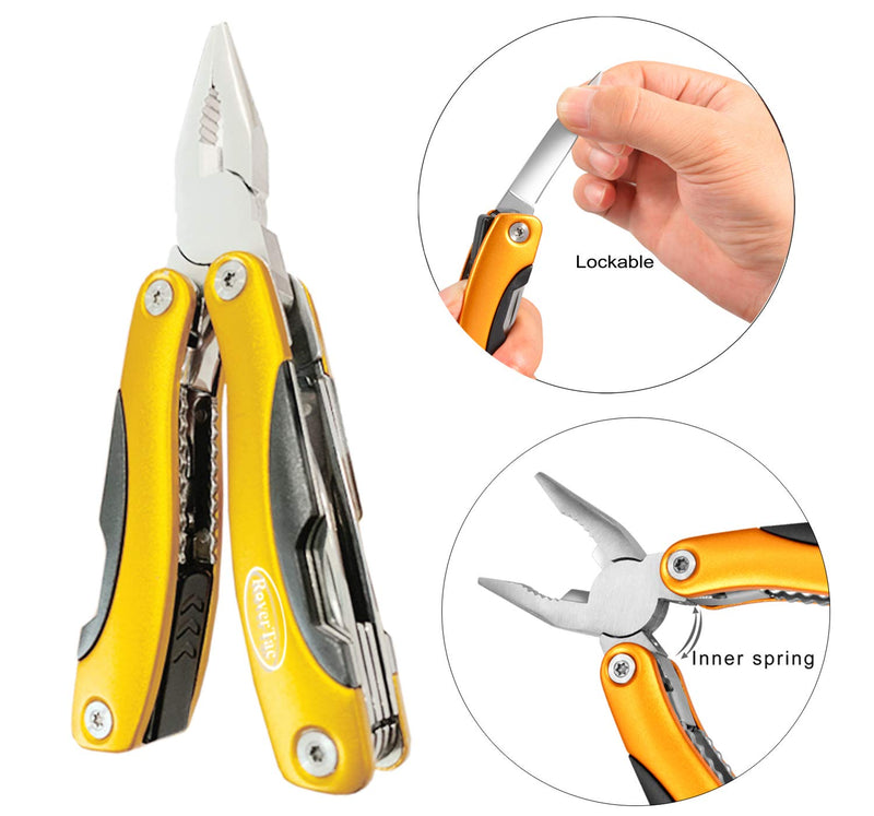 RoverTac Multitool with Safety Lock 12 in 1 Multitool Knife Pliers Screwdriver Saw Bottle Opener Gifts for Men Perfect for Camping Survival Hiking Fishing Simple Repairs Gold - NewNest Australia