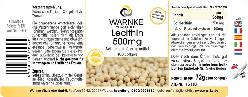 Lecithin 500mg - from soy - GMO-free - high dosage - 100 softgels | Warnke vital substances - NewNest Australia