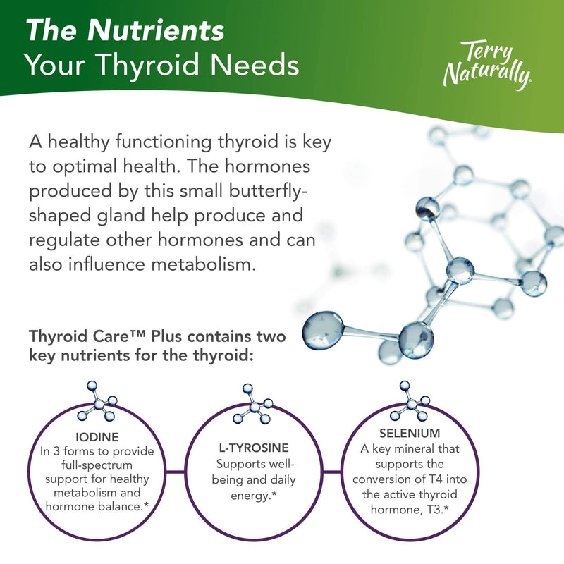 Terry Naturally Thyroid Care Plus - Iodine + L-Tyrosine, 60 Capsules - Thyroid Support Supplement with Selenium, Promotes Energy & Metabolism - Non-GMO, Gluten-Free, Kosher - 30 Servings 60 Count (Pack of 1) - NewNest Australia