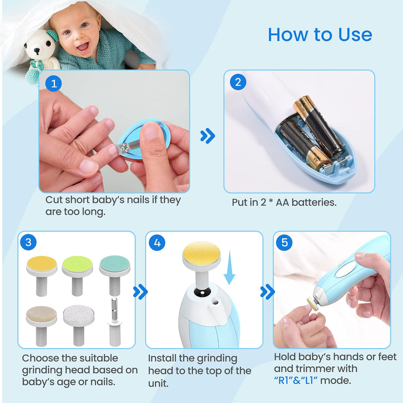 Baby Nail Filer and Baby Nail Clippers with Light Set, Lupantte Electric Infant Nail Trimmer Kit, Safe Baby Grooming Kit, for Newborn Toddler Kids Toes and Fingernails, Polish and Trim Blue - NewNest Australia