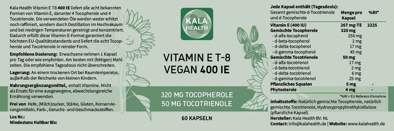 Kala Health Vitamin E 400 IU Vegan - all 8 Alpha + Beta + Gamma + Delta Tocotrienol and Alpha + Beta + Gamma + Delta Tocopherol - Vitamin E Tocopherol and Tocotrienol capsules 60 - NewNest Australia