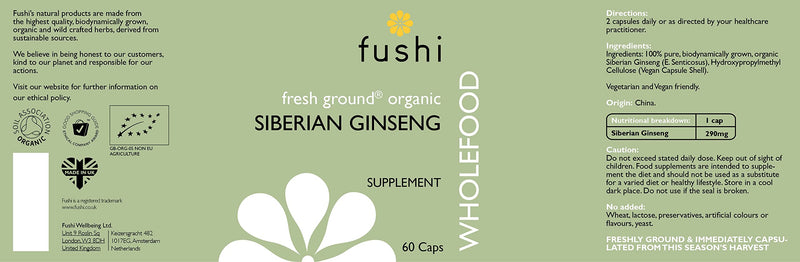 Fushi Organic Siberian Ginseng Capsules, 60 Caps | Fresh-Ground Whole Food | Strengthens Immune System, Purifies Blood, Stimulates Digestion | Ethical & Vegan | Manufactured in the UK - NewNest Australia
