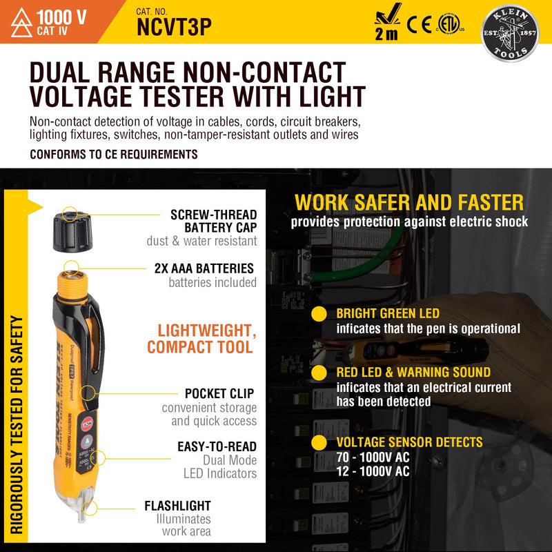 Klein Tools NCVT3P Dual Range Non Contact Voltage Tester, 12 - 1000V AC Pen, Flashlight, Audible and Flashing LED Alarms, Pocket Clip NCVT - NewNest Australia