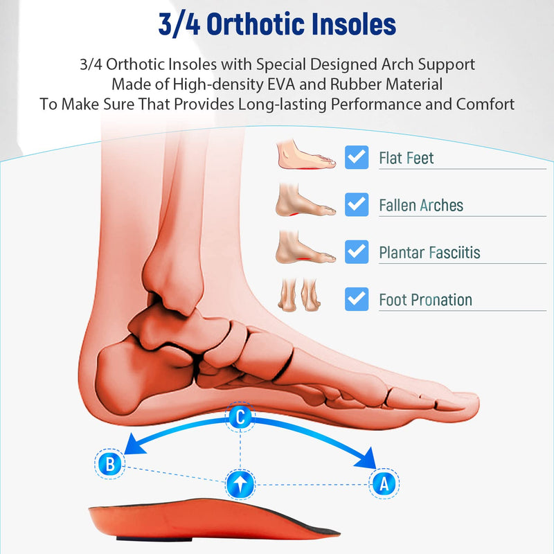 Heel Support for Plantar Fasciitis Inserts Women&Men, 3/4 Arch Support Insoles Orthotic Insoles【Poron - Made in USA】Heel Cups for Flat Feet Heel Cushion Pads for Heel Pain Relief Black Women 4-8 / Men 5-7 - NewNest Australia
