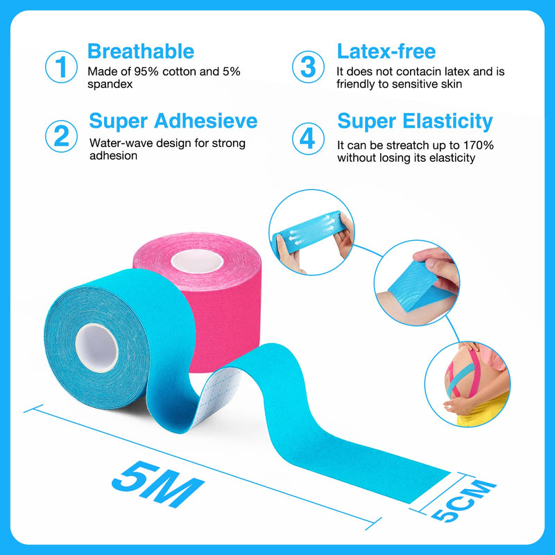 Anjocare Kinesiology Tape, 5 Cm X 5 M Kinesiology Tapes For Sports, Waterproof & Elastic Skin-Friendly Kinesio Tapes For Knee Pain, Elbow And Shoulder (2 Rolls) - NewNest Australia