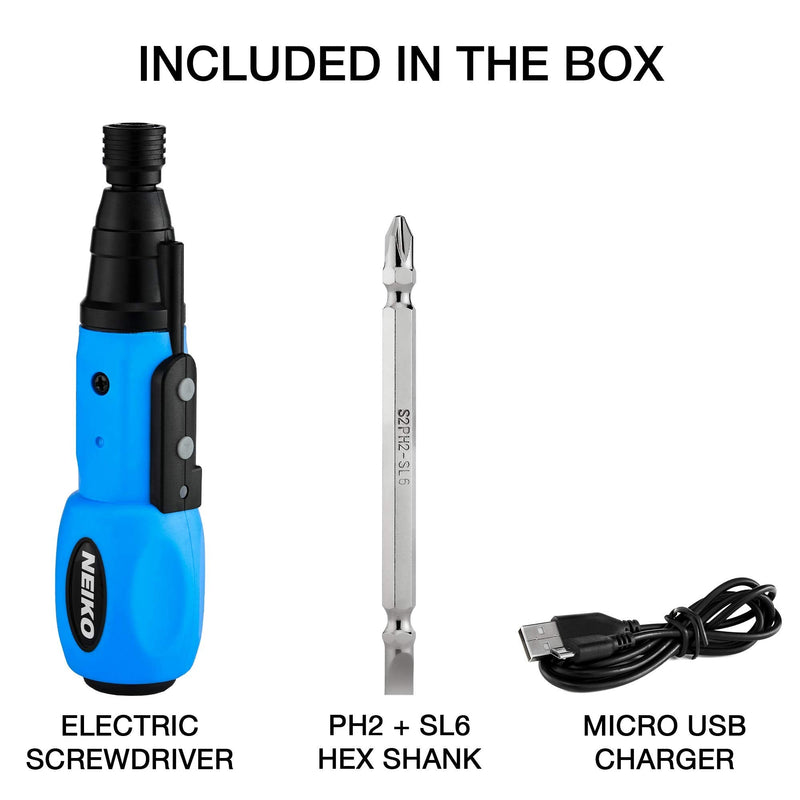 NEIKO 10577A Cordless Power Screwdriver | 1/4” Hex Auto-Lock Safety Chuck | Includes Phillips and Flathead Bit | USB Rechargeable Lithium-Ion Technology | Auto and Manual Mode - NewNest Australia