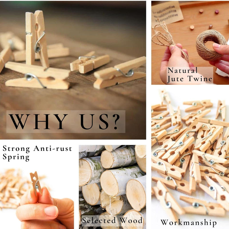 Mini Clothes Pins for Photo,200 pcs 1" Natural Wooden Tiny Clothespins with Jute Twine, Mini Picture Clips Small Clothes Pins for Photos, Crafts, Arts, Cocktails - NewNest Australia