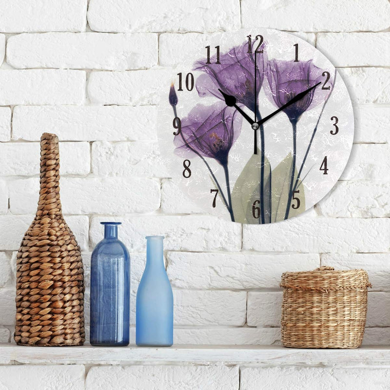 NewNest Australia - senya Wall Clock, Battery Operated Round Purple Flowers Silent Clock, Home Decor Wall Clock for Living Room, Kitchen, Bedroom Pattern 2 