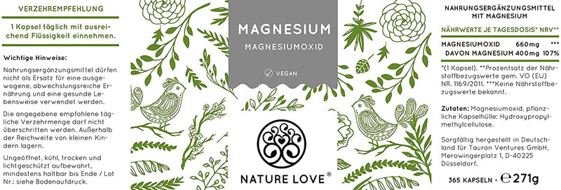 Nature Love Magnesium - 660Mg (400Mg Elemental) Per Capsule - 365 Capsules (Annual Supply) - More Concentrated Than Magnesium Citrate - Laboratory Tested, High Dosage, Vegan, Produced In Germany - NewNest Australia