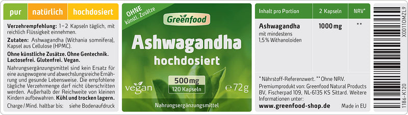 Greenfood Ashwagandha Extract (Withania Somnifera), High Dosage, 500 Mg, 120 Capsules - One Of The Most Important Plant Extracts In Ayurveda. No Additives, No Genetic Engineering, Vegan. 120 Pieces (Pack Of 1) - NewNest Australia