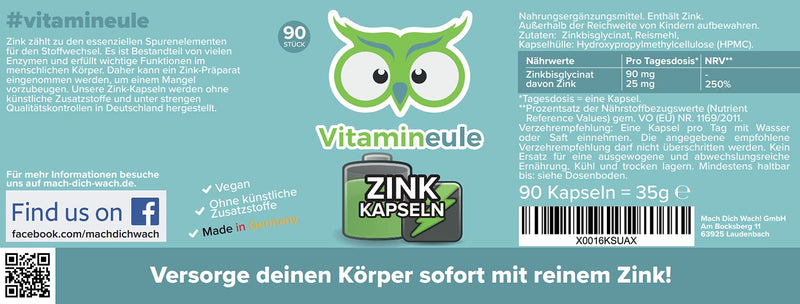 Zinc capsules - 25 mg - high dose - vegan - laboratory tested - zinc bisglycinate/zinc chelate without additives - small capsules instead of large tablets - quality from Germany - pure chelate - Vitamineule® - NewNest Australia