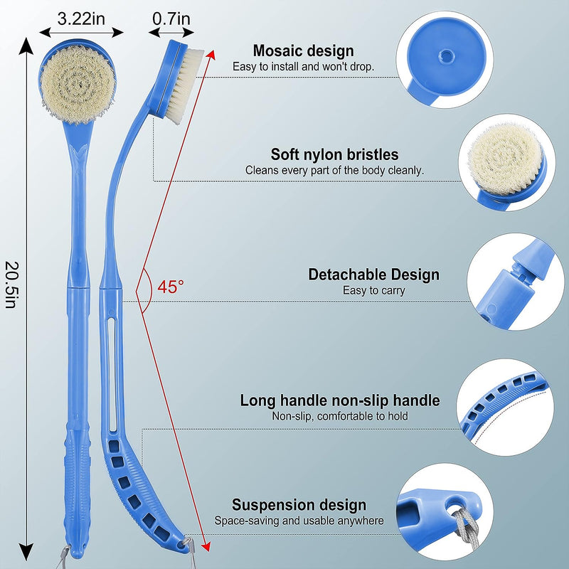 Back Brush Shower, 50.1 Cm Bath Brush With Long Handle, Curved Handle Back Brush For Showering Elderly And Disabled People, Limited Mobility, Optimal Back Care (Blue) - NewNest Australia