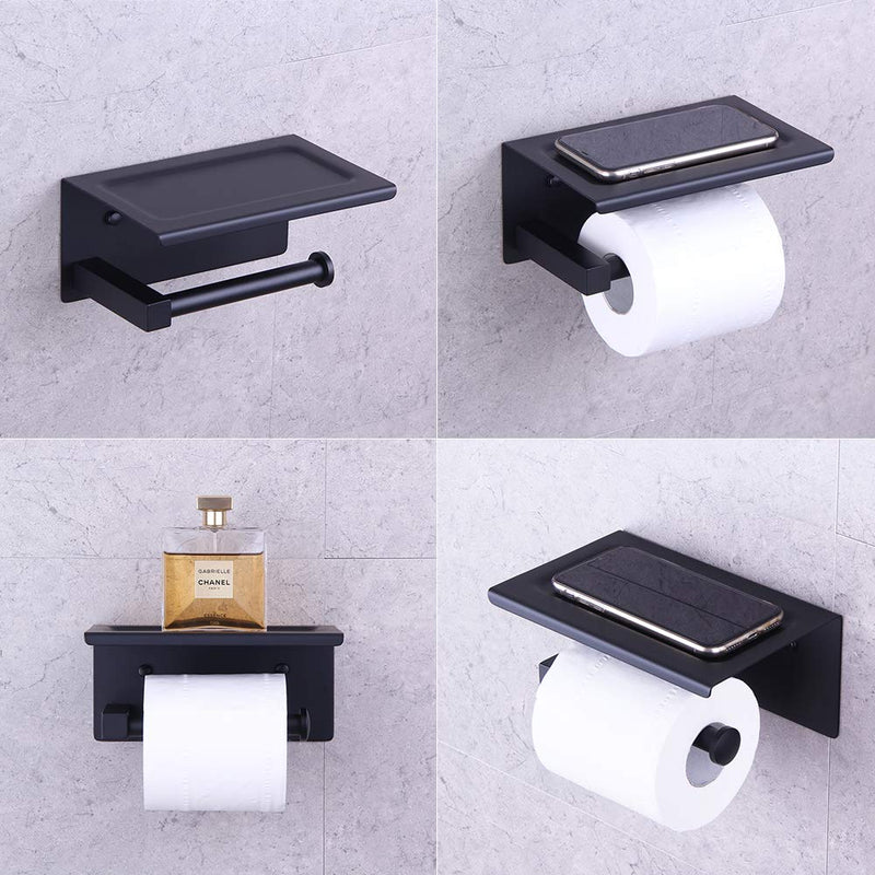 GERZWY Bathromm Toilet Paper Roll Holder with Shelf SUS 304 Stainless Steel Paper Towel Dispenser Tissue Hanger Wall Mounted Matte Black - NewNest Australia