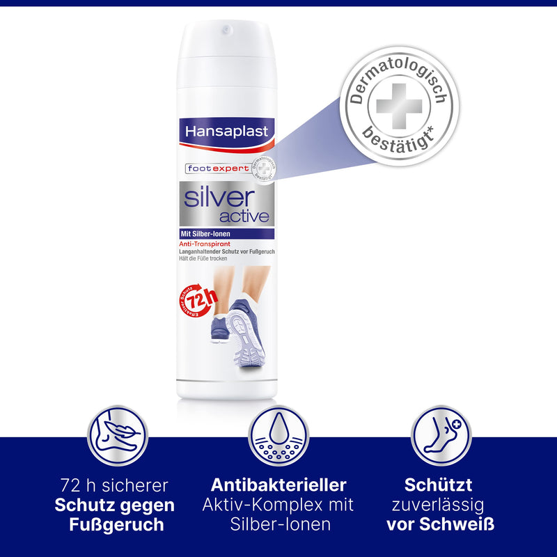 Hansaplast Silver Active foot spray (150 ml), foot deodorant antiperspirant with 72 hours of protection against foot odor and sweat, active complex with silver ions 1 - NewNest Australia