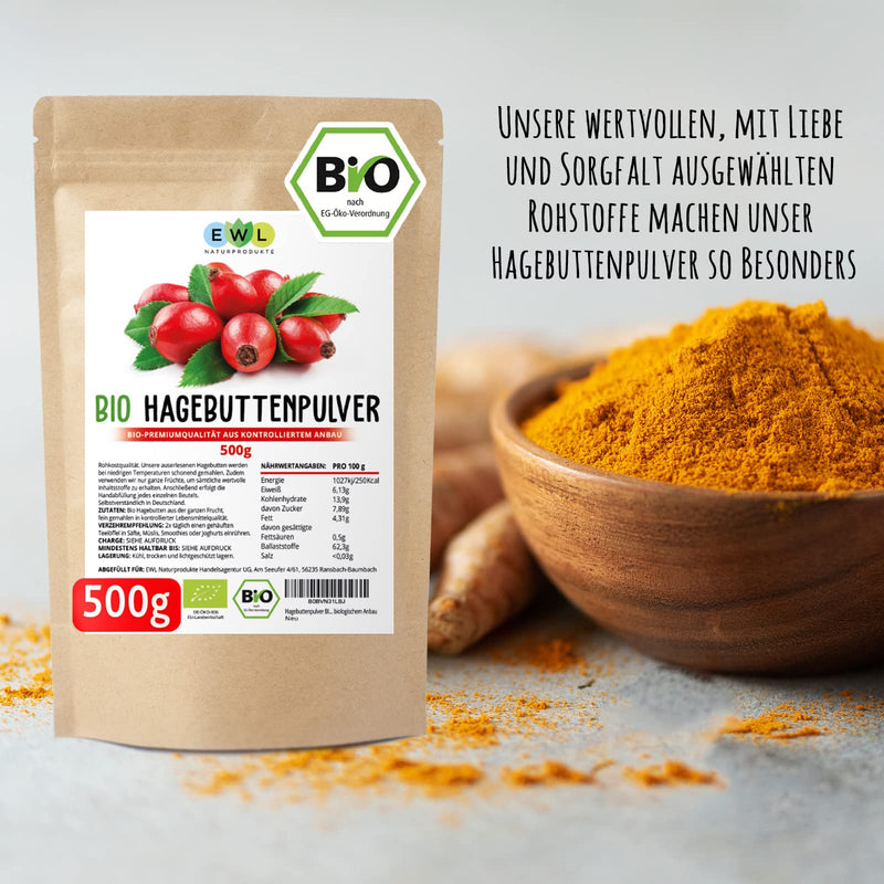 EWL Natural Products Rosehip Powder Organic 500g, Rosehip Powder in Raw Food Quality, Organic Rosehip Powder from Controlled Organic Cultivation, Vegan 500.00g (Pack of 1) - NewNest Australia