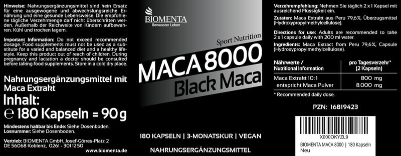 Biomenta Maca Maca Powder High Dose 10: 1 8000 | Pure Maca Extract | 180 Maca Capsules | 3 Month Course Vitale | Vegan | for Women & Men - NewNest Australia