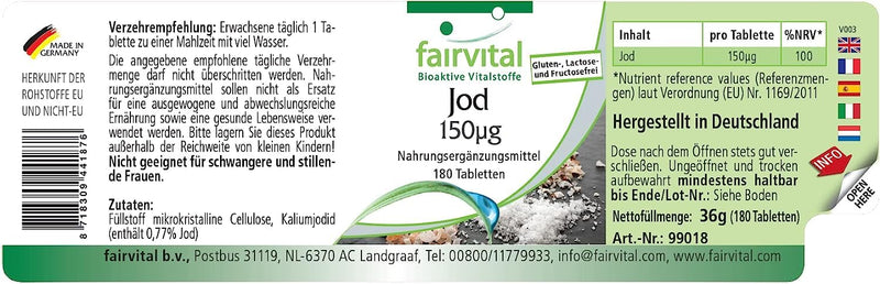 Fairvital | Iodine tablets - HIGH DOSE with 150µg iodine per tablet - made from potassium iodide - VEGAN - 180 tablets - NewNest Australia