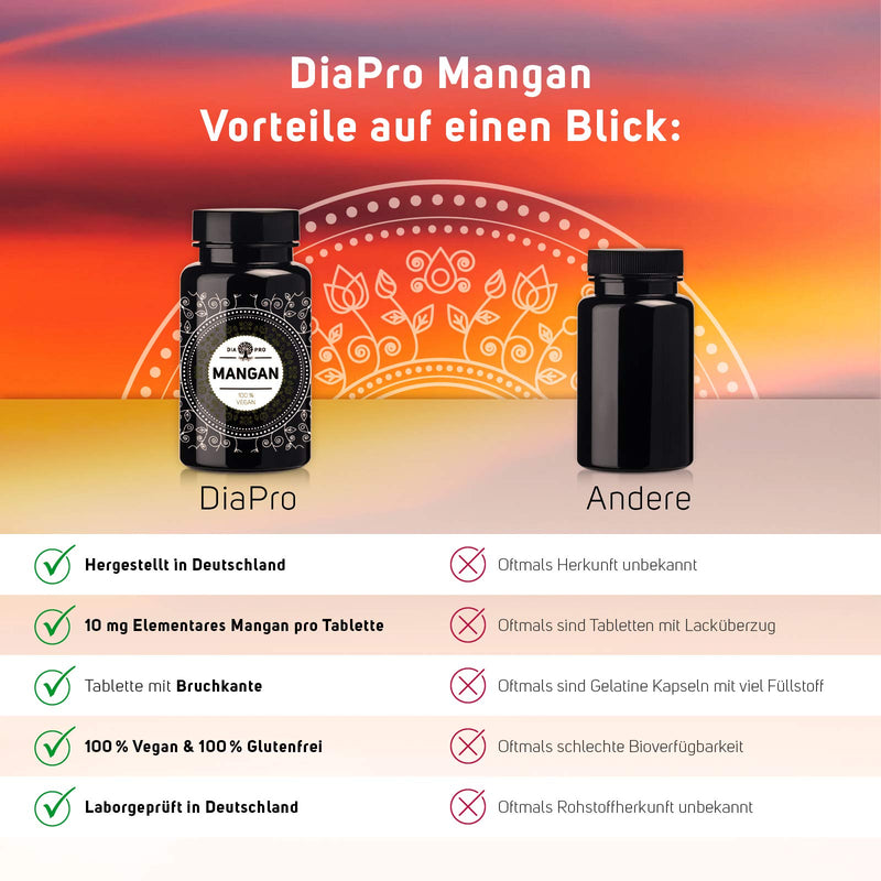 DiaPro® Manganese 365 High-dose manganese tablets with 10 mg manganese per tablet made from manganese bisglycinate 365 pieces Annual supply 100% Vegan Laboratory tested - NewNest Australia