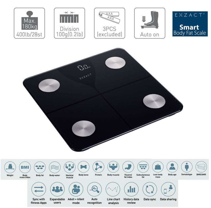 Exzact Digital Bathroom Scales / Body Fat Scales With App - Ios & Android Bluetooth - Body Analysis Scales - Capacity: 180 Kg - Kg / St / Lbs - Electronic Scales - NewNest Australia