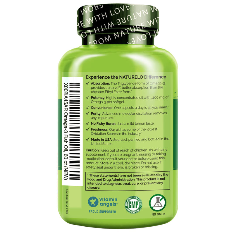 NATURELO Omega-3 Fish Oil Supplement - EPA + DHA - 1100 mg Triglyceride Omega-3 per Gel - One A Day - for Heart, Eye, Brain, Joint Health - No Burps - Lemon Flavor - 60 Softgels | 2 Month Supply 60 Count (Pack of 1) - NewNest Australia