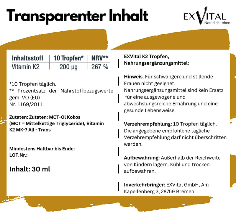 Vitamin K2 MK-7 from EXVital -200µg per daily dose - All-Trans (99.7+%) - 1020 drops (30ml) - Vegan - High dosage & Made in Germany - NewNest Australia