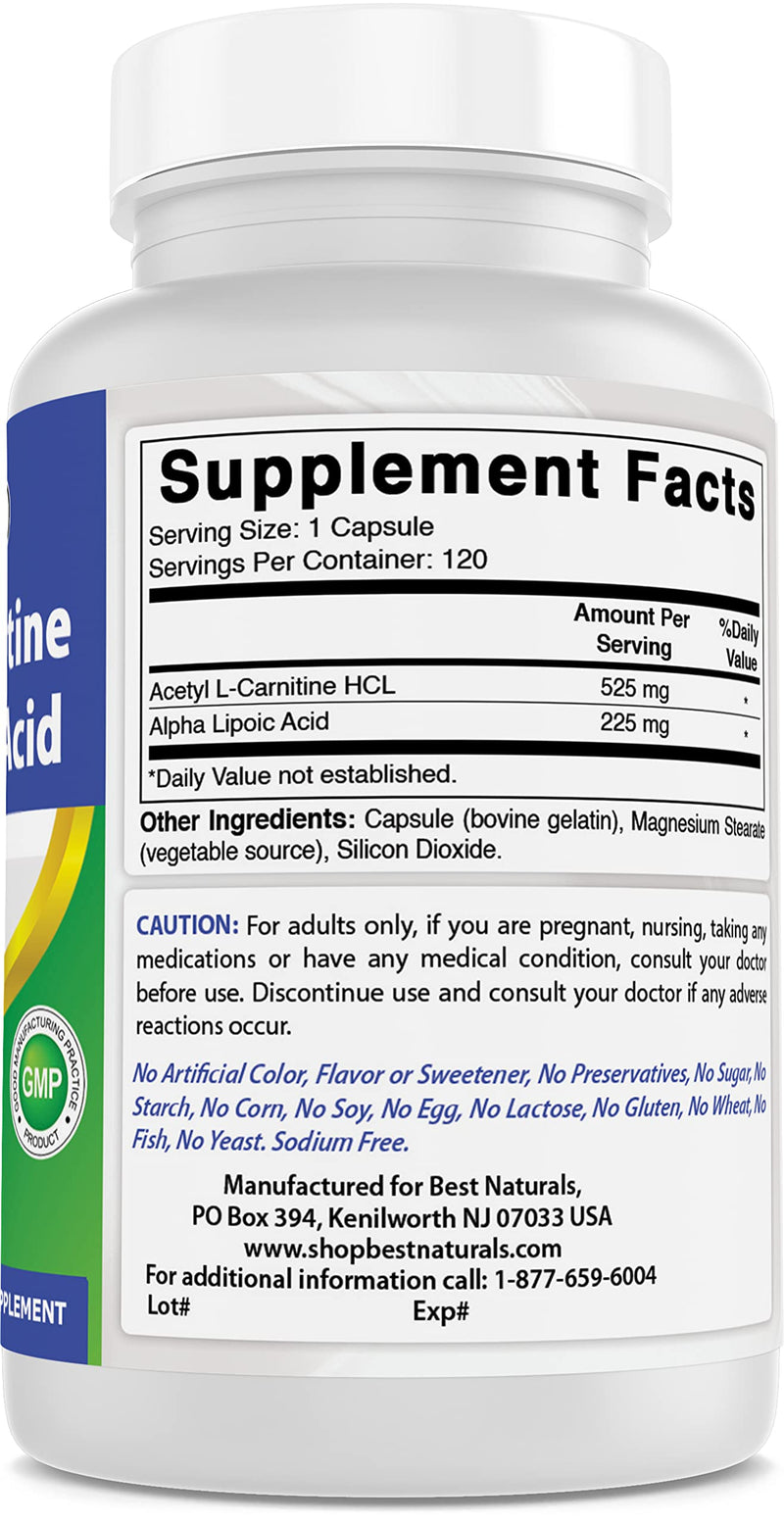 Best Naturals Acetyl L-Carnitine and Alpha Lipoic Acid 750 mg 120 Capsules 120 Count (Pack of 1) - NewNest Australia