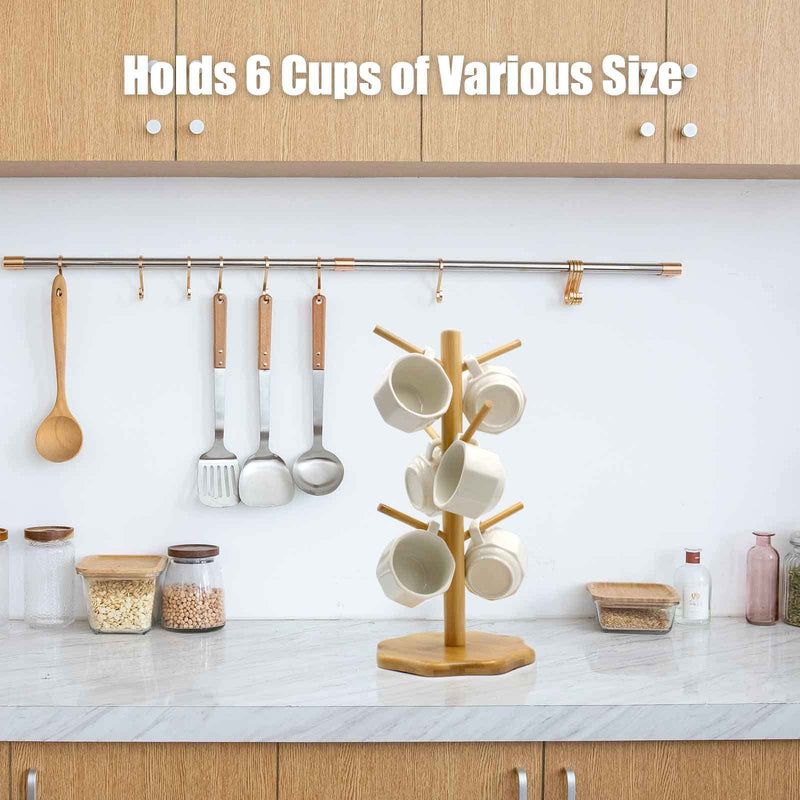 Mug Tree, Coffee Mug Tree, Bamboo Countertop Mug Tree Stand , Coffee Mug Holder Tree for Counter Stand with 6 Hooks, Octagon Base Coffee Cup Tree, Removable Mug Stands - NewNest Australia
