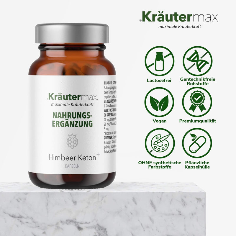 NEW! Kräutermax Raspberry Ketone Capsules | Raspberry Ketones vegan and natural | According to the Kräutermax original recipe with apple pectin, apple cider vinegar, green tea, vitamin C and more | Ketones 1 x 60 pieces - NewNest Australia