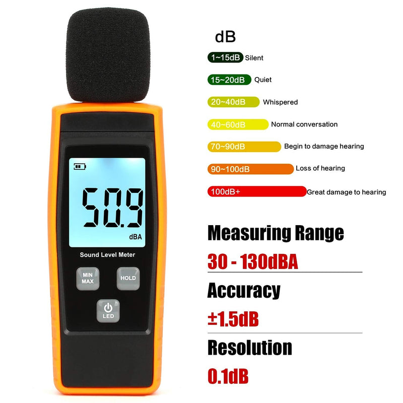 Decibel Meter, Portable SPL Meter (Sound Pressure Level Meter), Digital Noise Meter, Range 30-130dB(A) db Meter, Noise Volume Measuring Instrument, Sound Monitoring Tester (Battery Included) Yellow - NewNest Australia